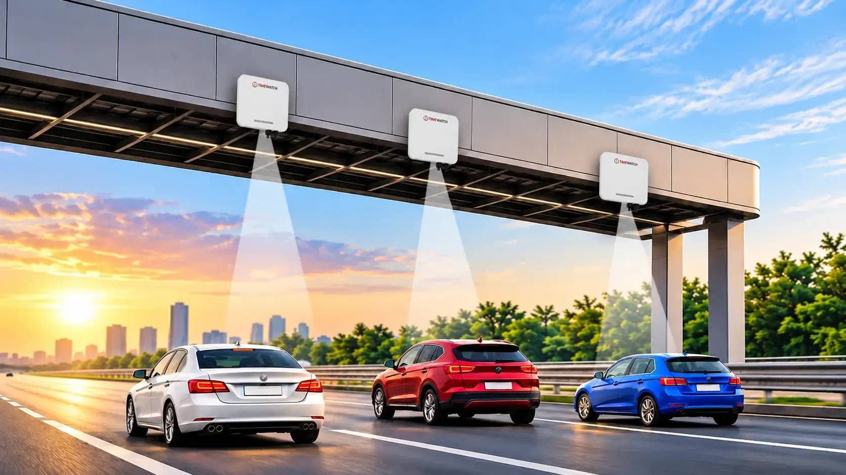 Overhead toll gantry carrying readers above a multi-lane carriageway as vehicles pass beneath
