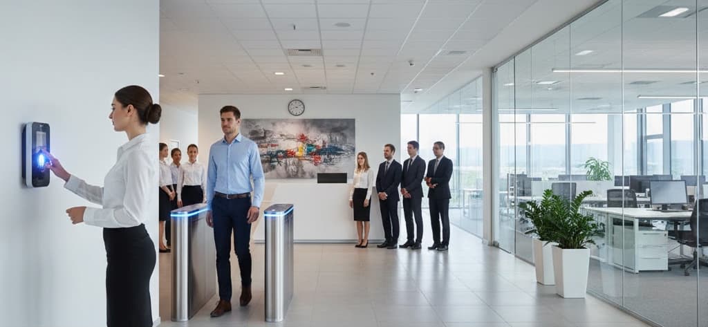 Employee presenting a credential to a wall-mounted attendance terminal at an office entrance