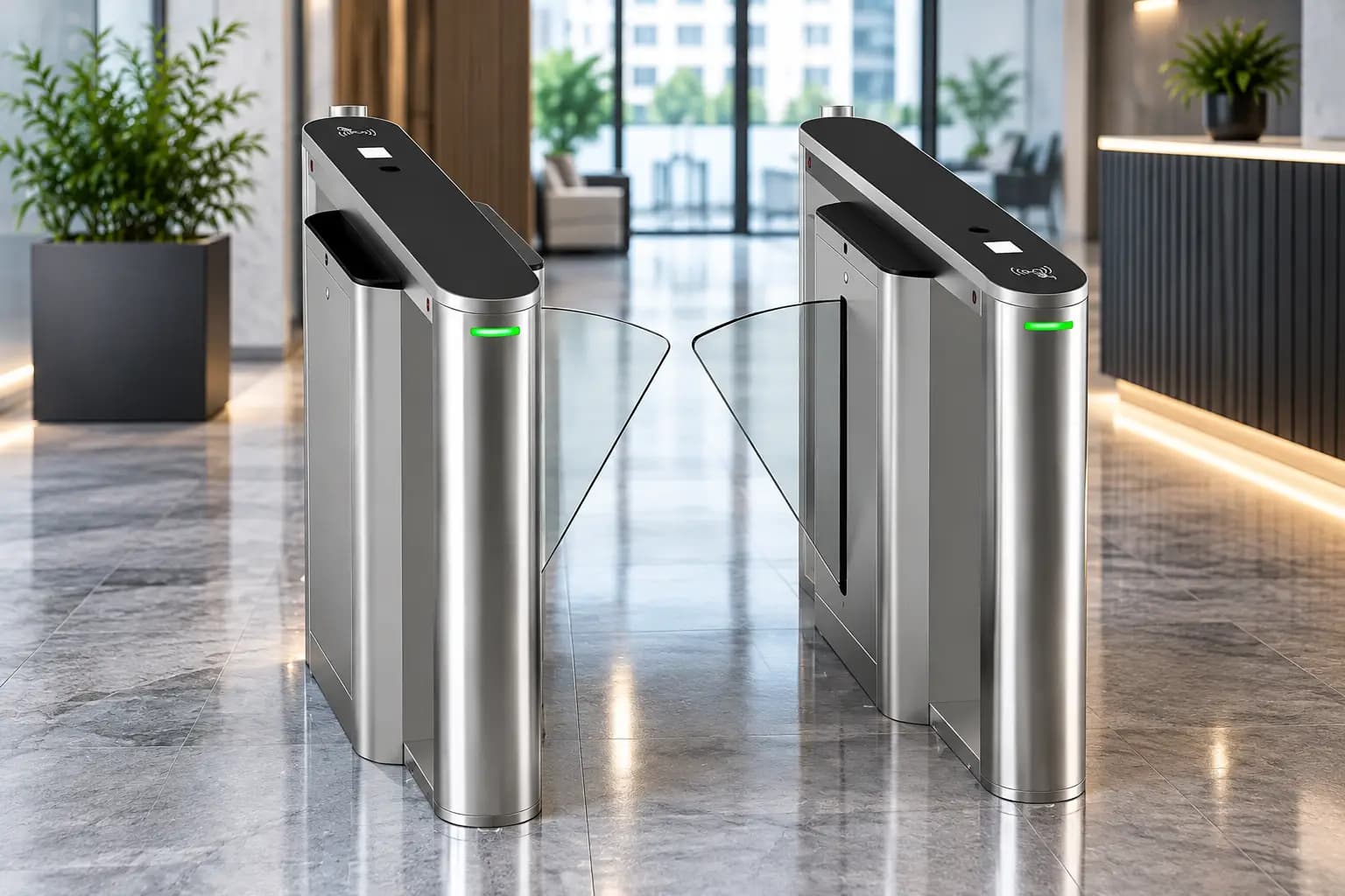 Glass flap barrier gate lanes with the flaps open in a building reception