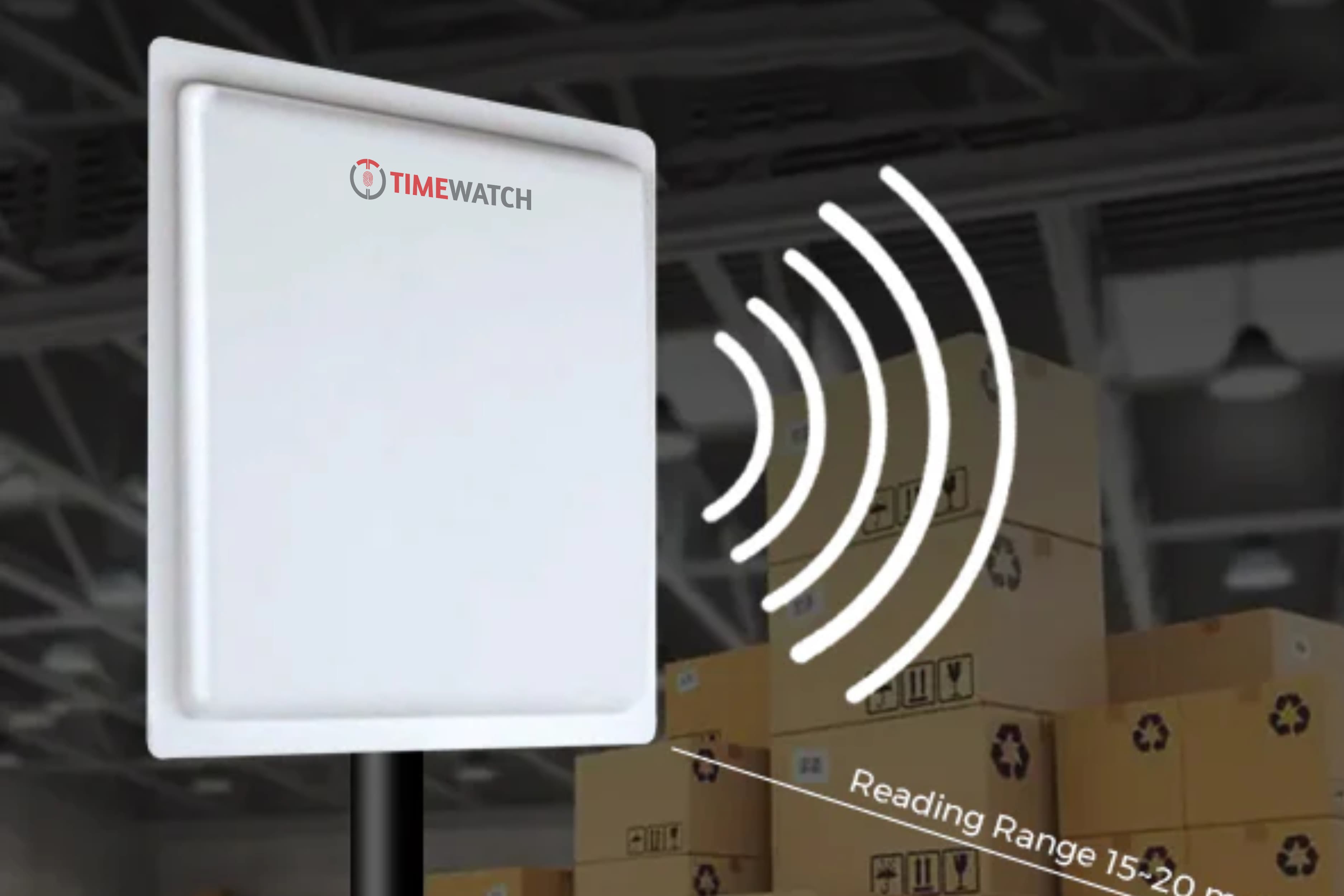 UHF RFID reader antenna radiating signal waves in a warehouse